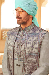 Exclusive latest Gray designer mens indowestern sherwani kurta in pure pv silk and foil print  with handwork