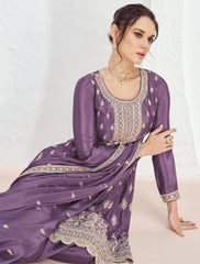 Premium Chinon silk designer Purple shaded dress with detailed embroidery and work