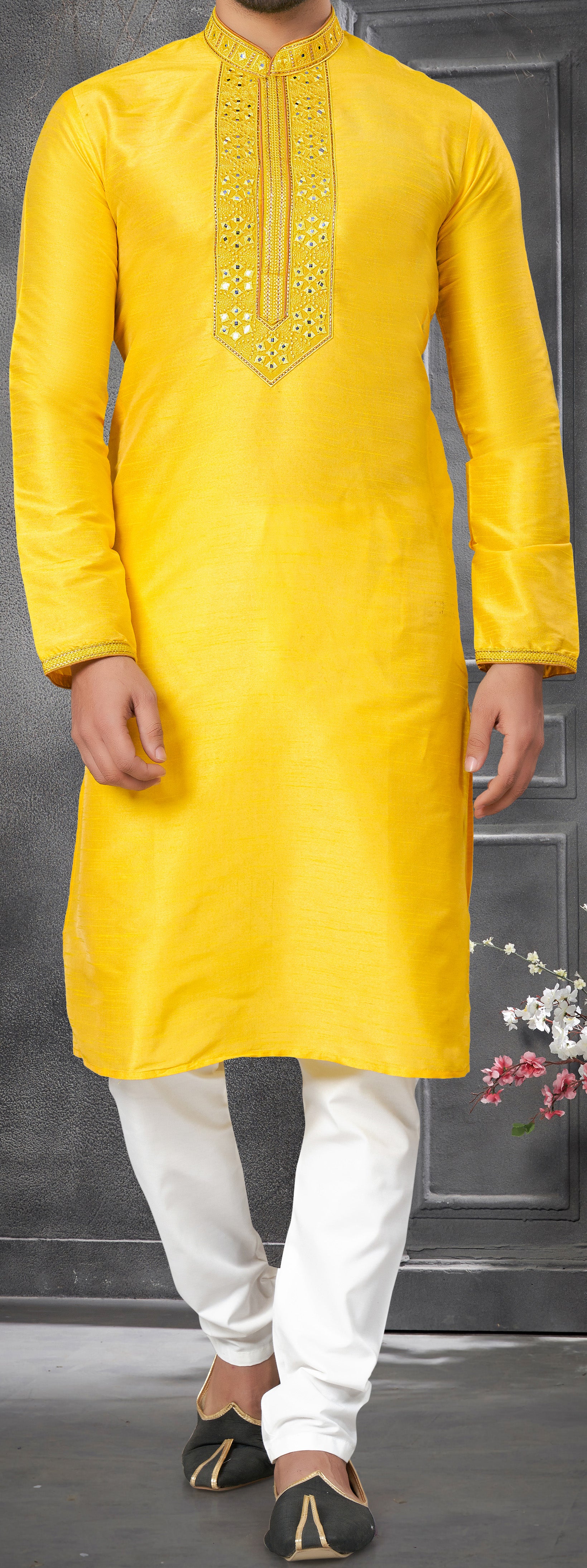 Yellow Traditional Designer Silk Kurta with Mirror Work for all occasion | kurta pajama