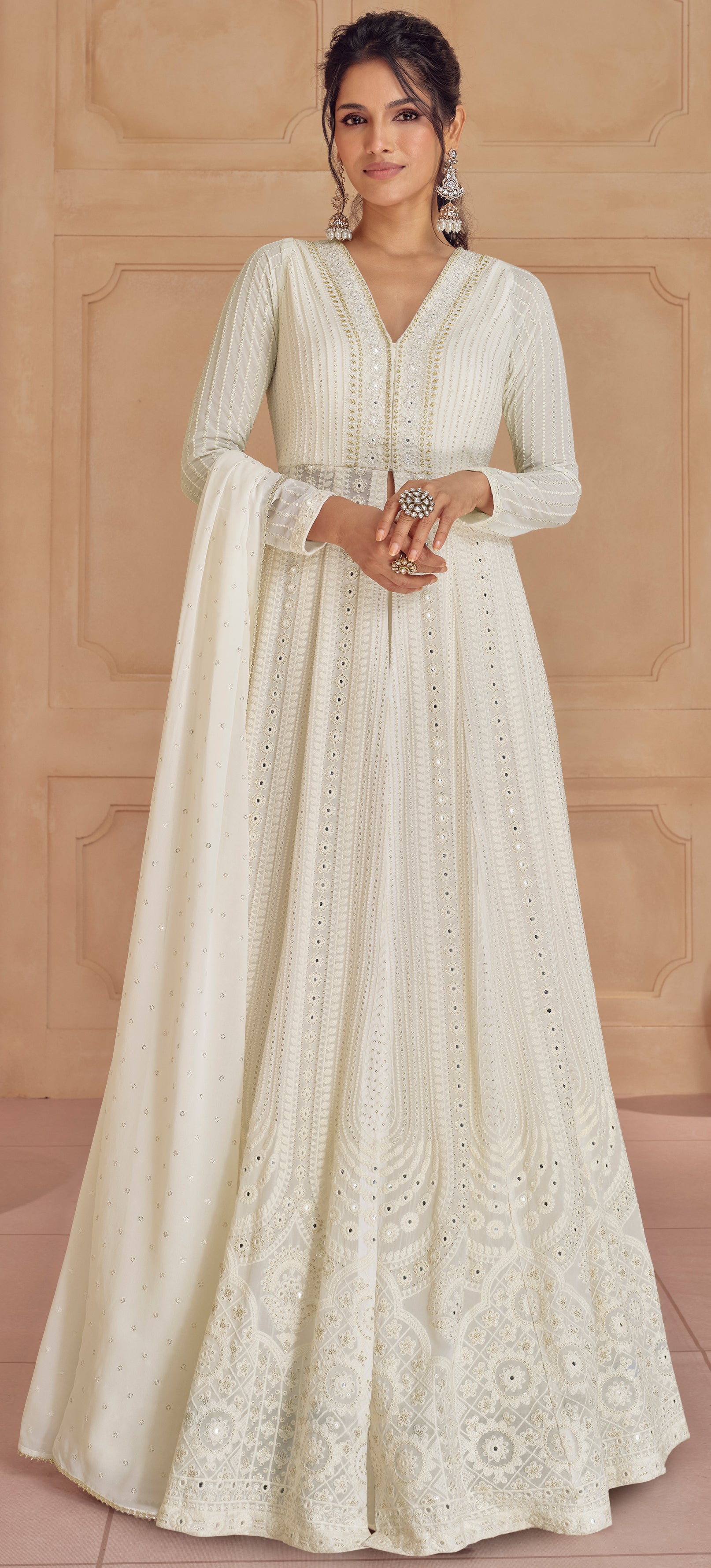 White Pure Georgette designer dress skirt style with detailed embroidery