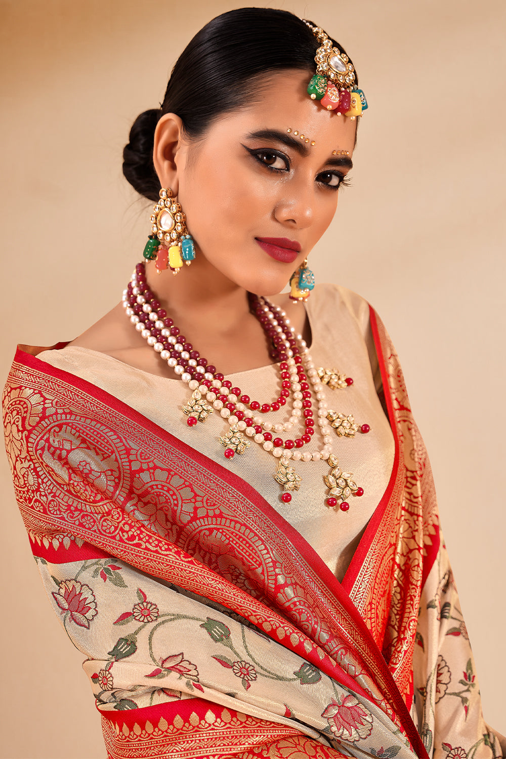 South Indian Red & Cream Contrast Pure Dharmavaram Silk Designer Saree