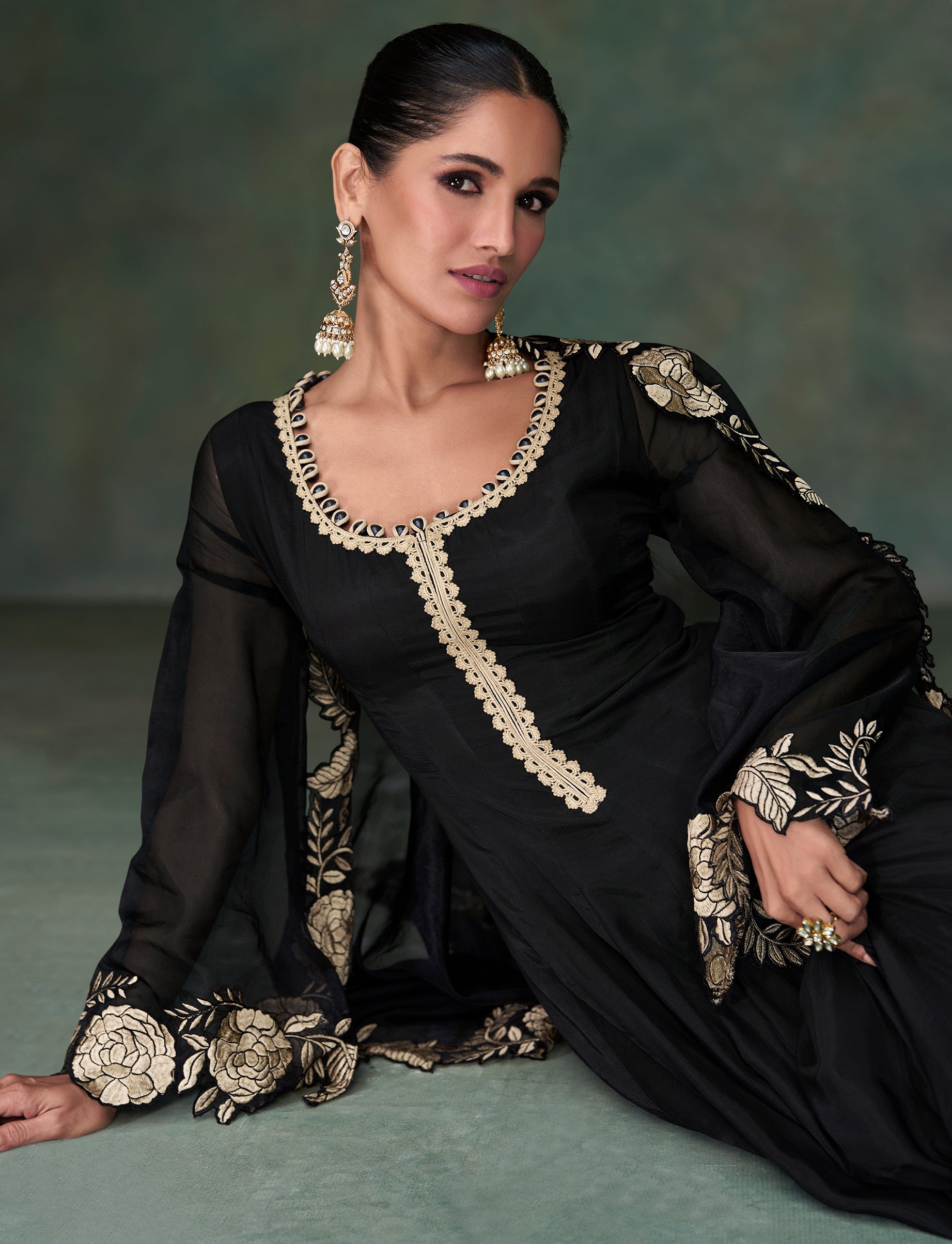 Pure silk Black beige designer dress with thread and embroidery work