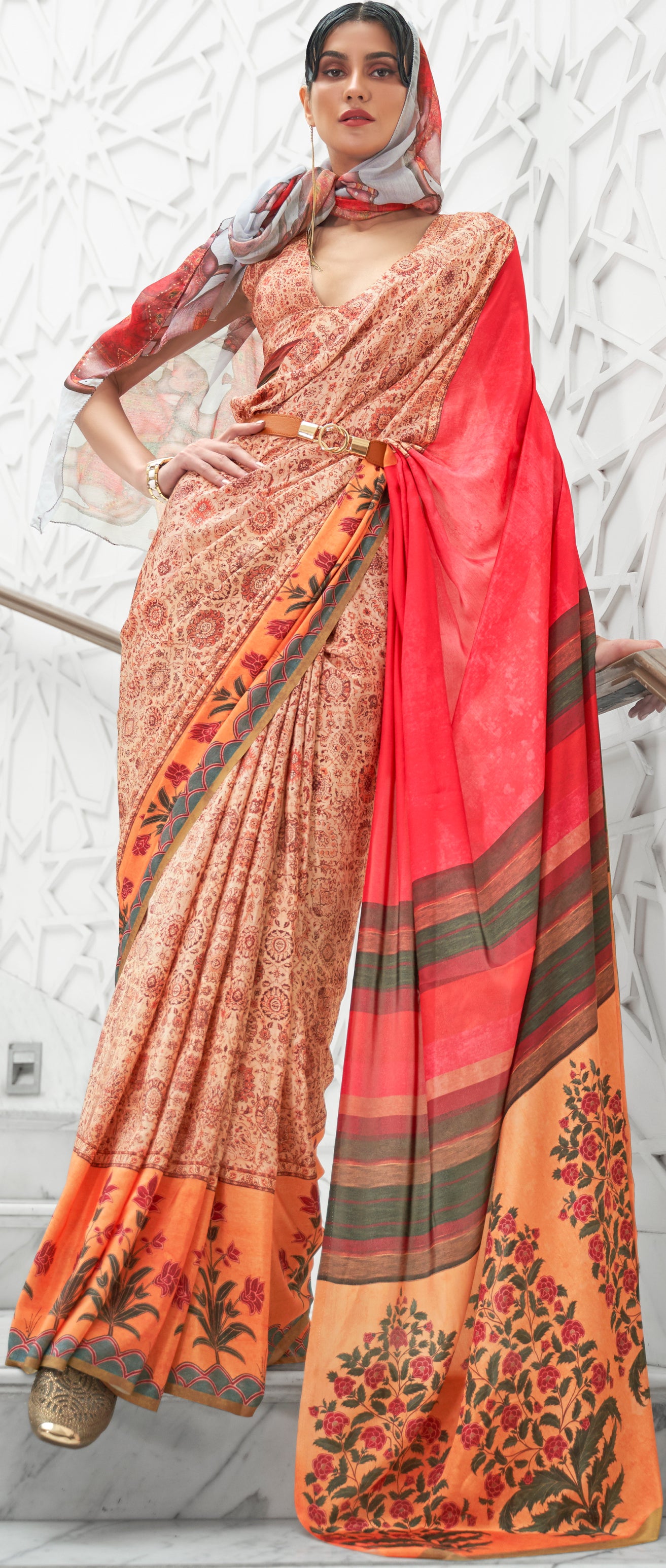 Orange Floral Inspired Digital Printed Kalamkari Saree On pure silk crape