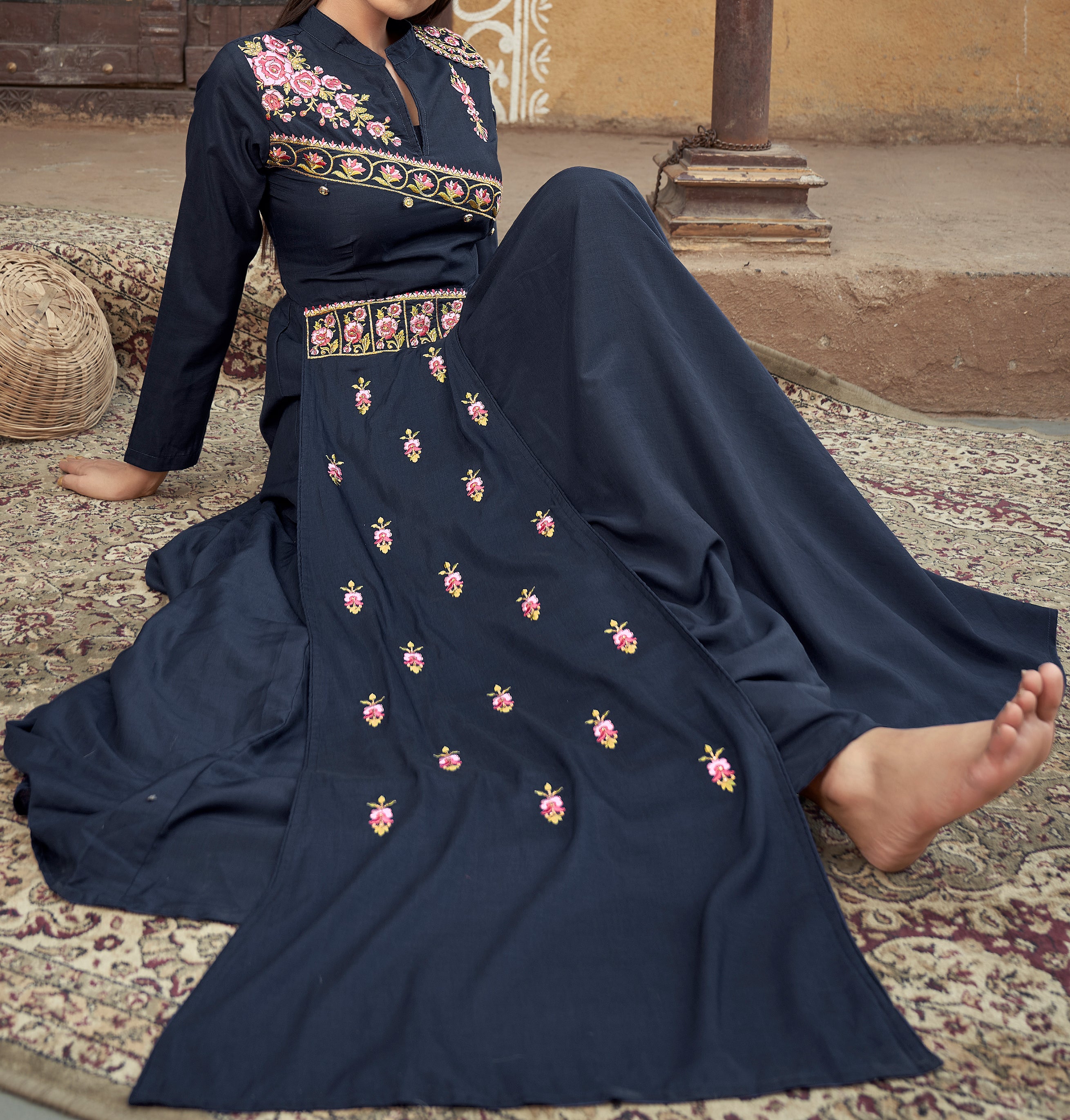 Navy Blue  Designer Gown on heavy maslin and embroidery