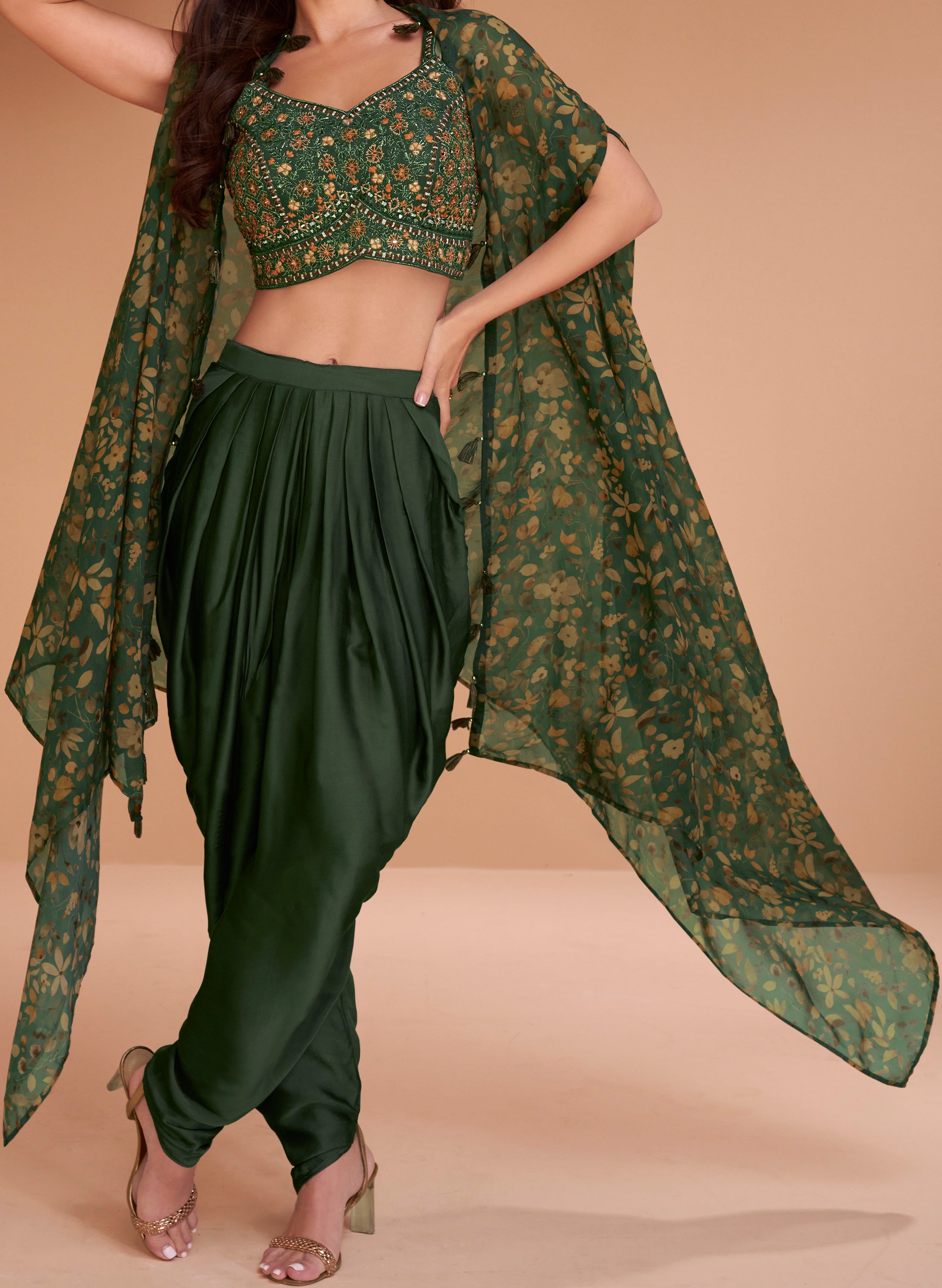 Exclusive handwork on viscose nylon Dhoti style Green dress with floral shrug | unique dress indian wear