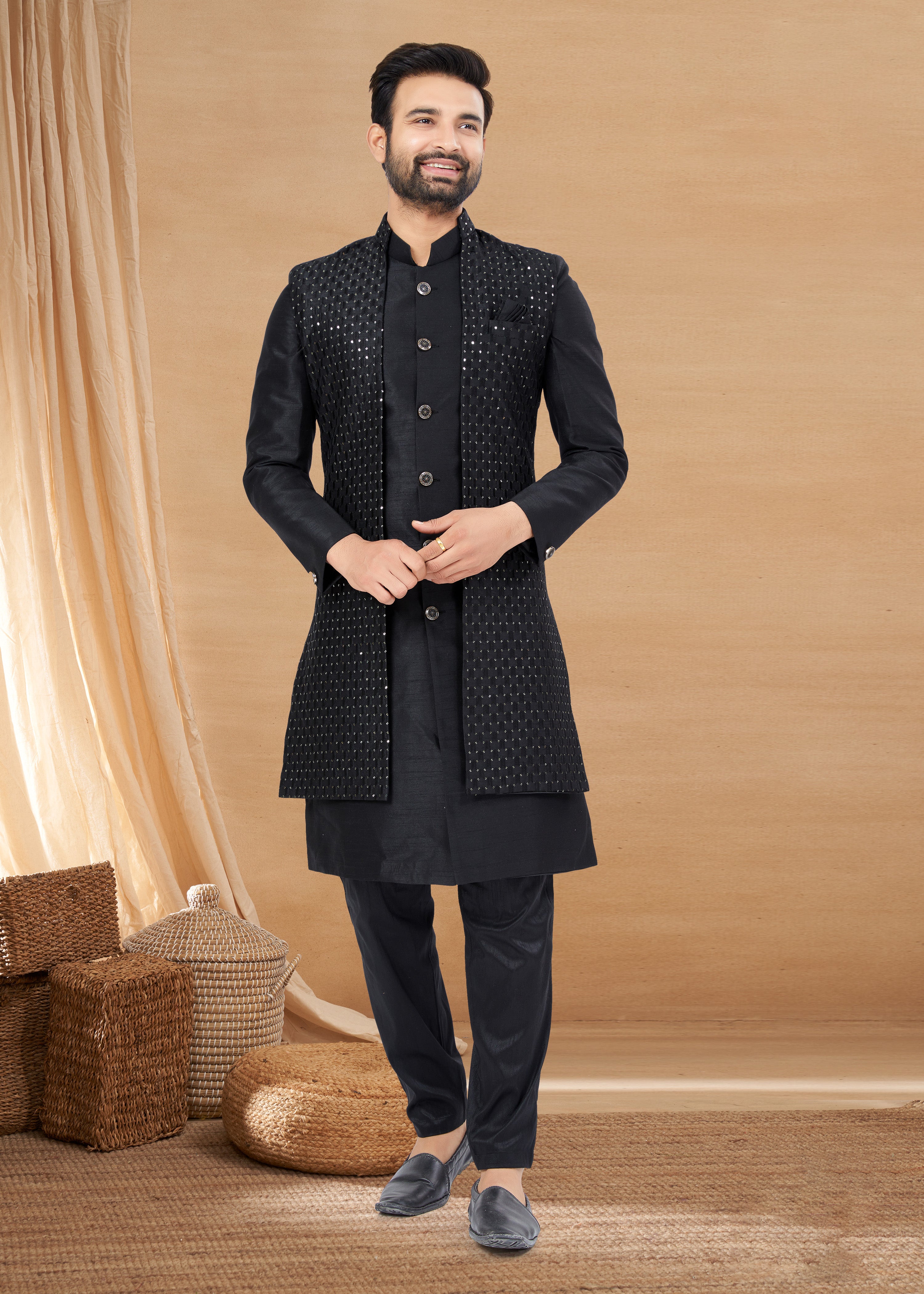 Exclusive Contrasting black Thread and Detailed Embroidery Work Indo Western, Sherwani | Indian Traditional Mens Wear.