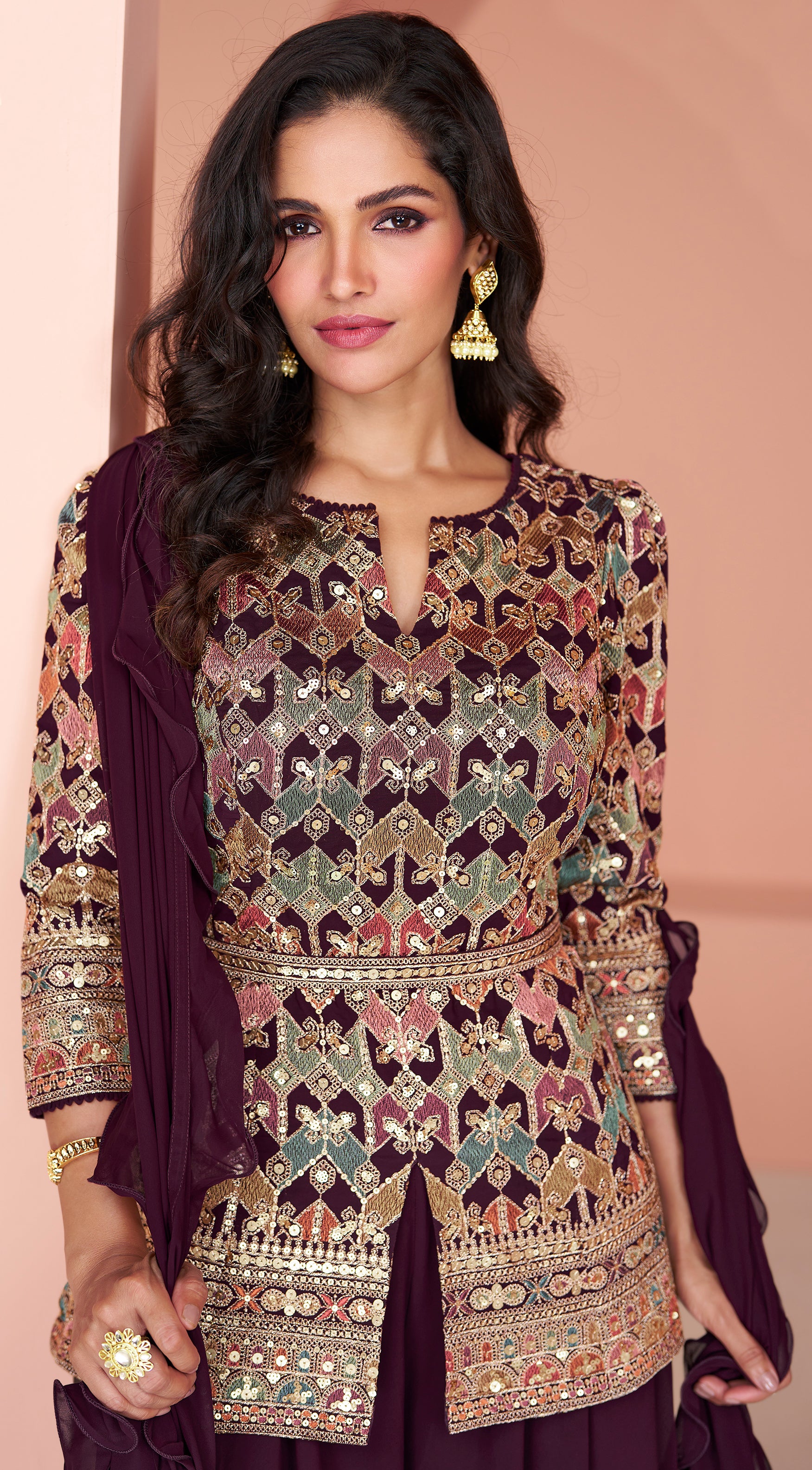 Exclusive dark shaded Wine Pure Georgette dress with detailed embroidery and thread work