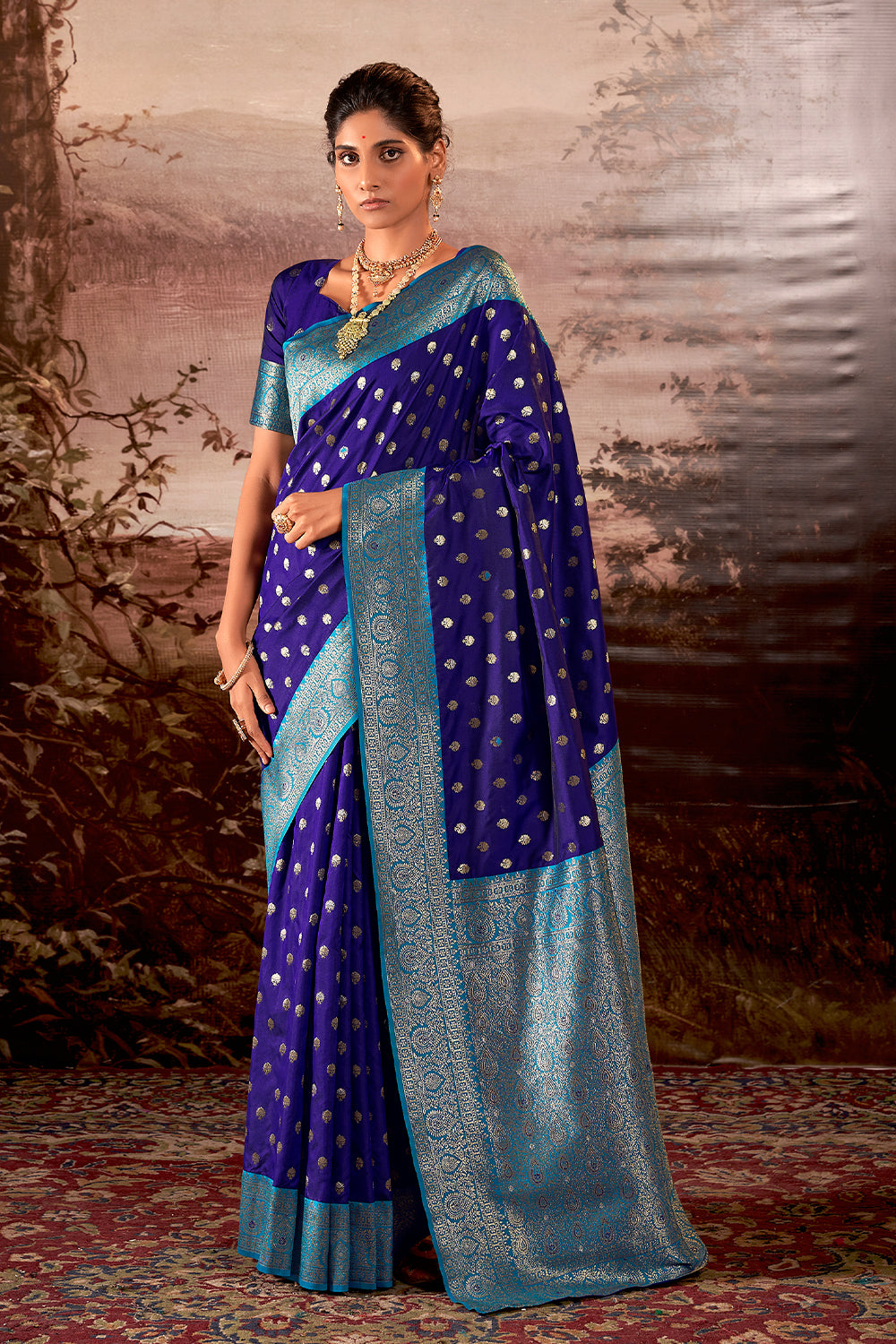 Contrasting dark shaded Blue Banarasi soft silk saree with detailed banarasi inspired work