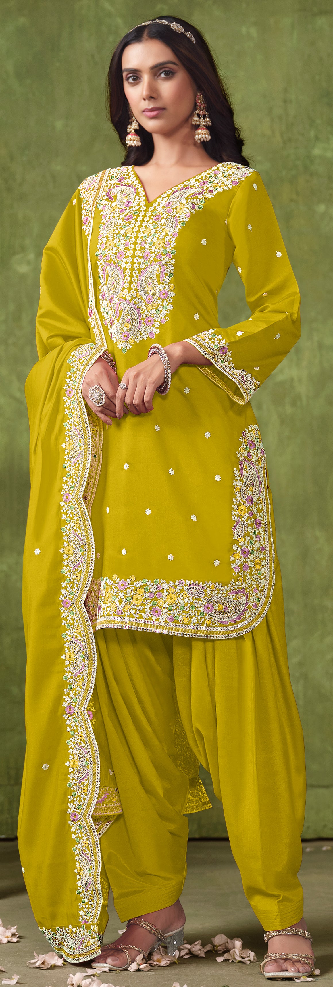 Designer Neon Yellow pure silk Patiala Suits with deatiled embroidery work