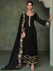 Pure silk Black beige designer dress with thread and embroidery work