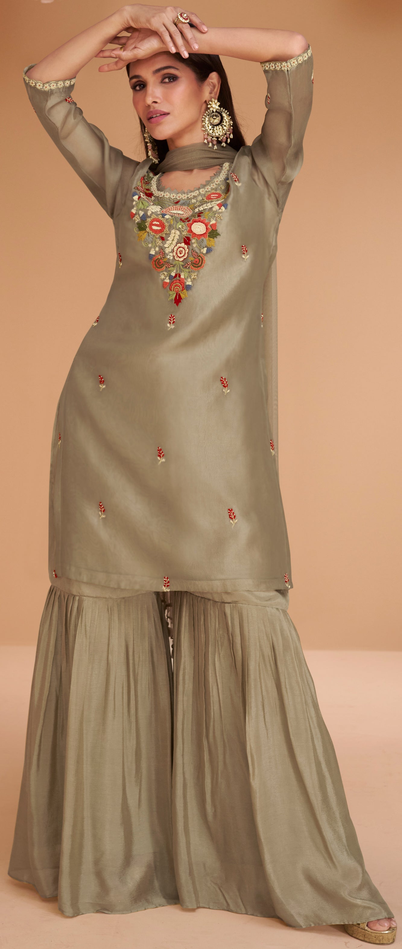 Pastel colour Pure organza silk dress with net duppata and minimul work