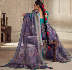 Exquisite Contrasting Blue Floral Organza saree with beautiful print, piping work or tassels on pallu | party wear saree | Festive saree