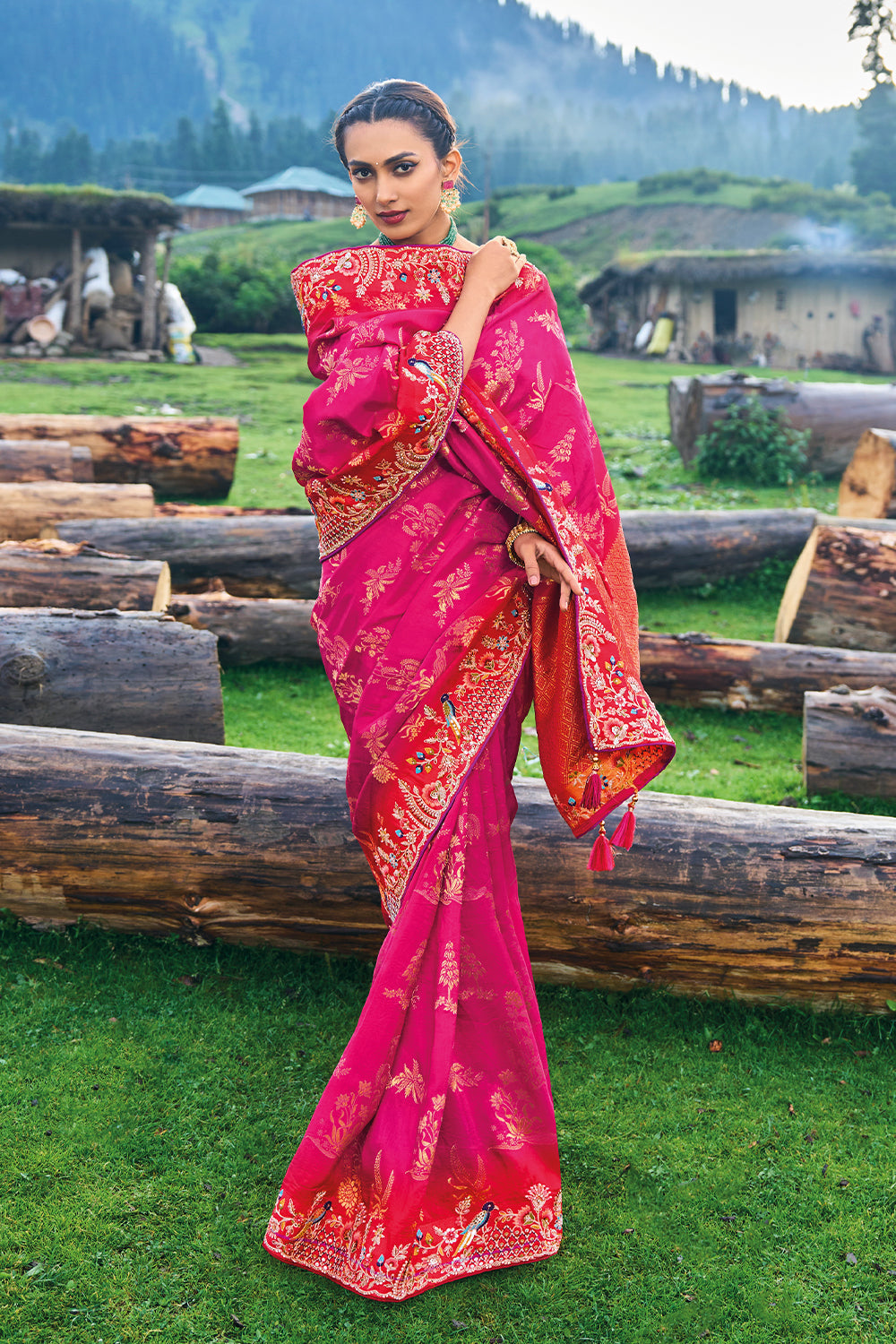 Premium Dark Pink Latest designer heavy saree with detailed hand and embroidery work