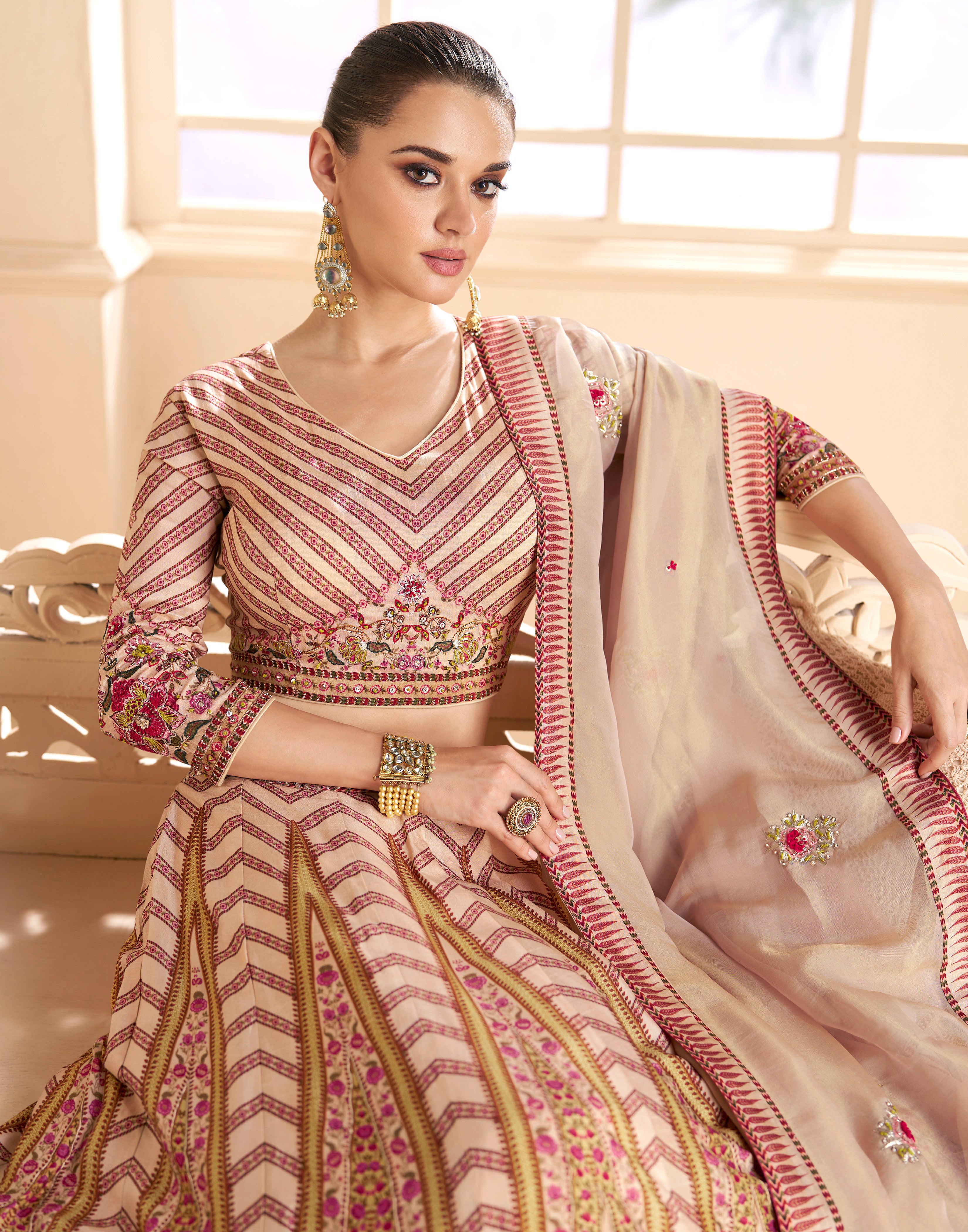 Cream contrasting leheriya inspired lehenga choli on silk fabric  | Bollywood Lehenga | kayaattire lehenga