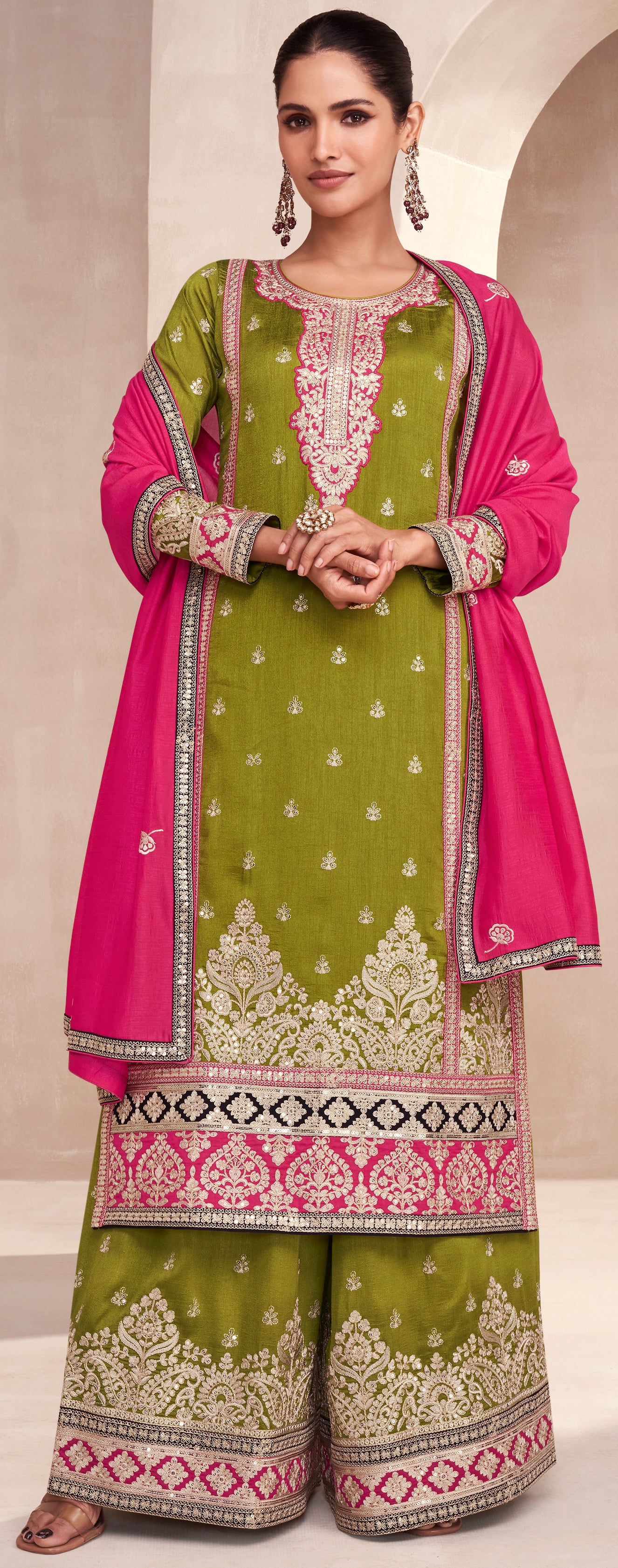 Designer green contrasting pure silk dress with deatiled embroidery work