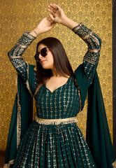 Exclusive Designer Green Gown on georgette with detailed metallic foil work and handwork on neck