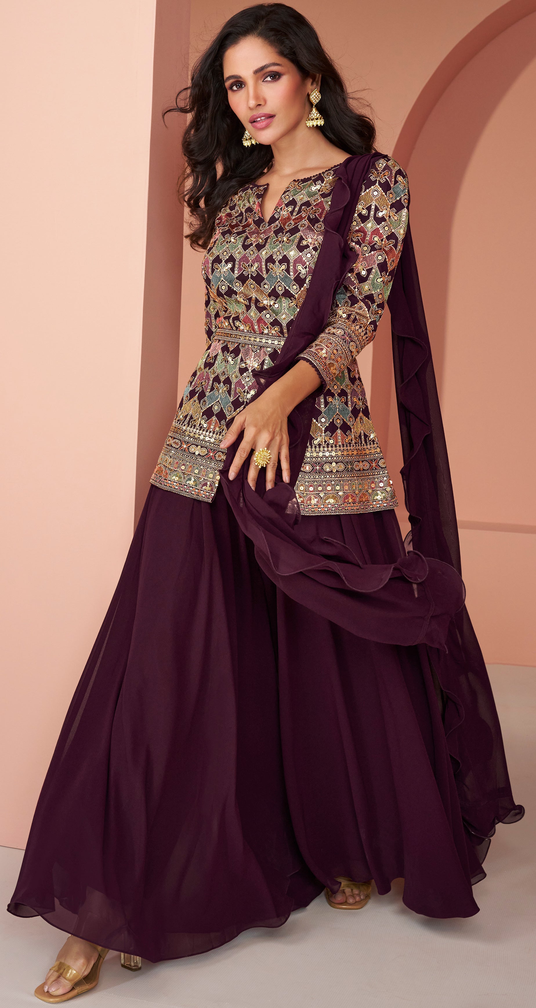 Exclusive dark shaded Wine Pure Georgette dress with detailed embroidery and thread work