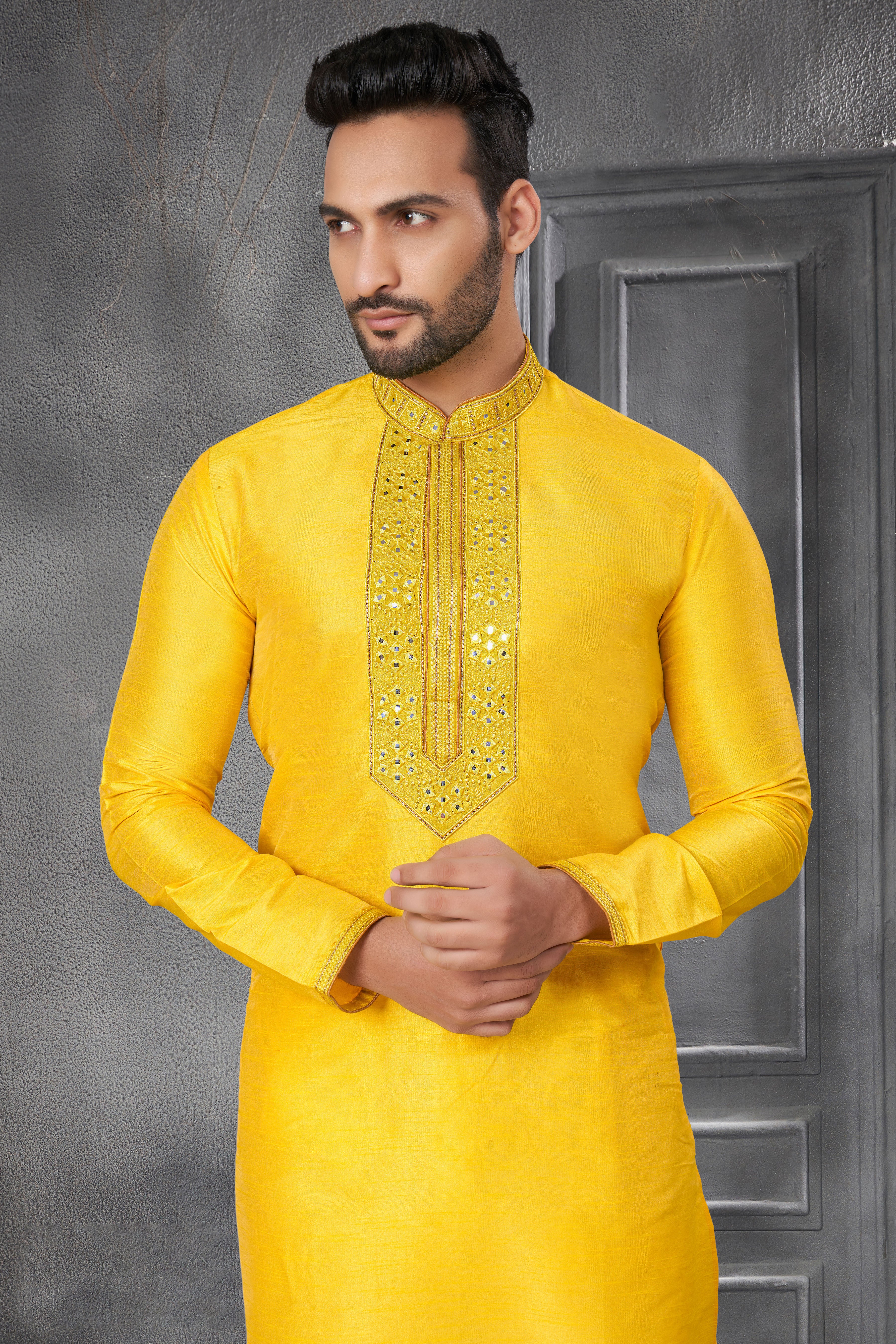 Yellow Traditional Designer Silk Kurta with Mirror Work for all occasion | kurta pajama