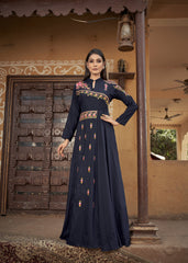 Navy Blue  Designer Gown on heavy maslin and embroidery