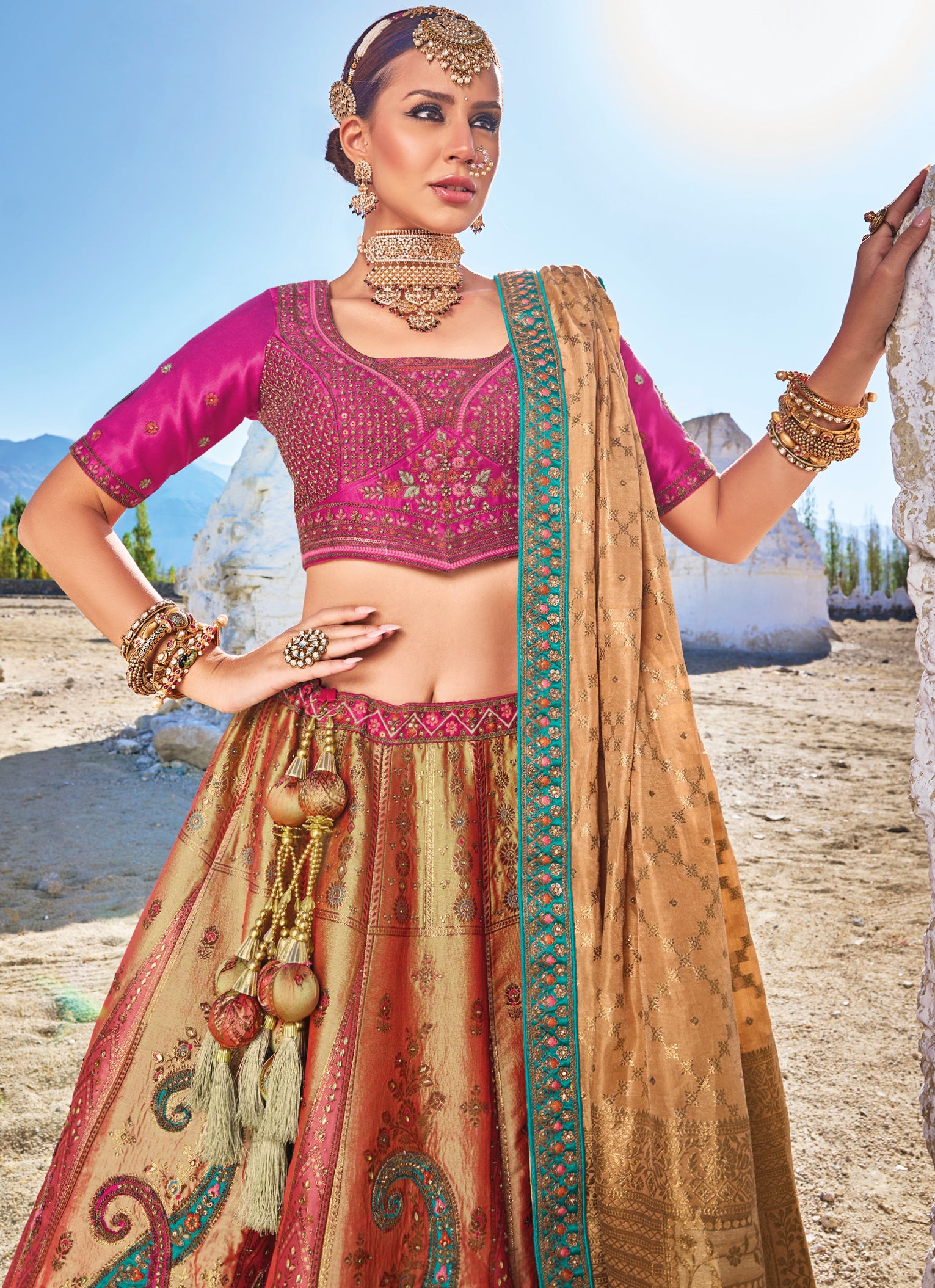 Pure gazzi satin banarasi lehenga with detailed indian aspired print handwork