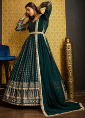 Exclusive Designer Green Gown on georgette with detailed metallic foil work and handwork on neck