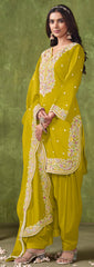 Designer Neon Yellow pure silk Patiala Suits with deatiled embroidery work