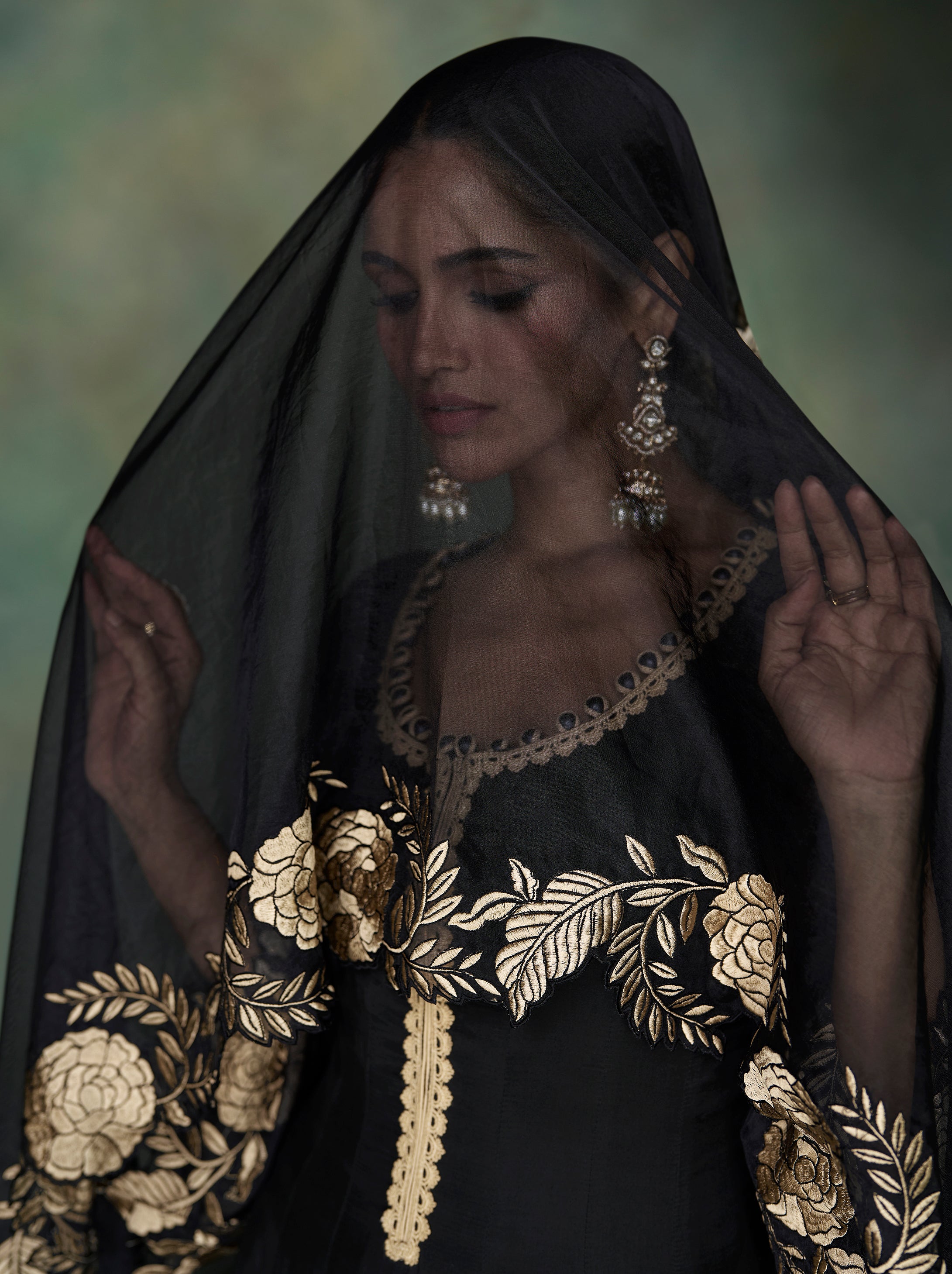 Pure silk Black beige designer dress with thread and embroidery work