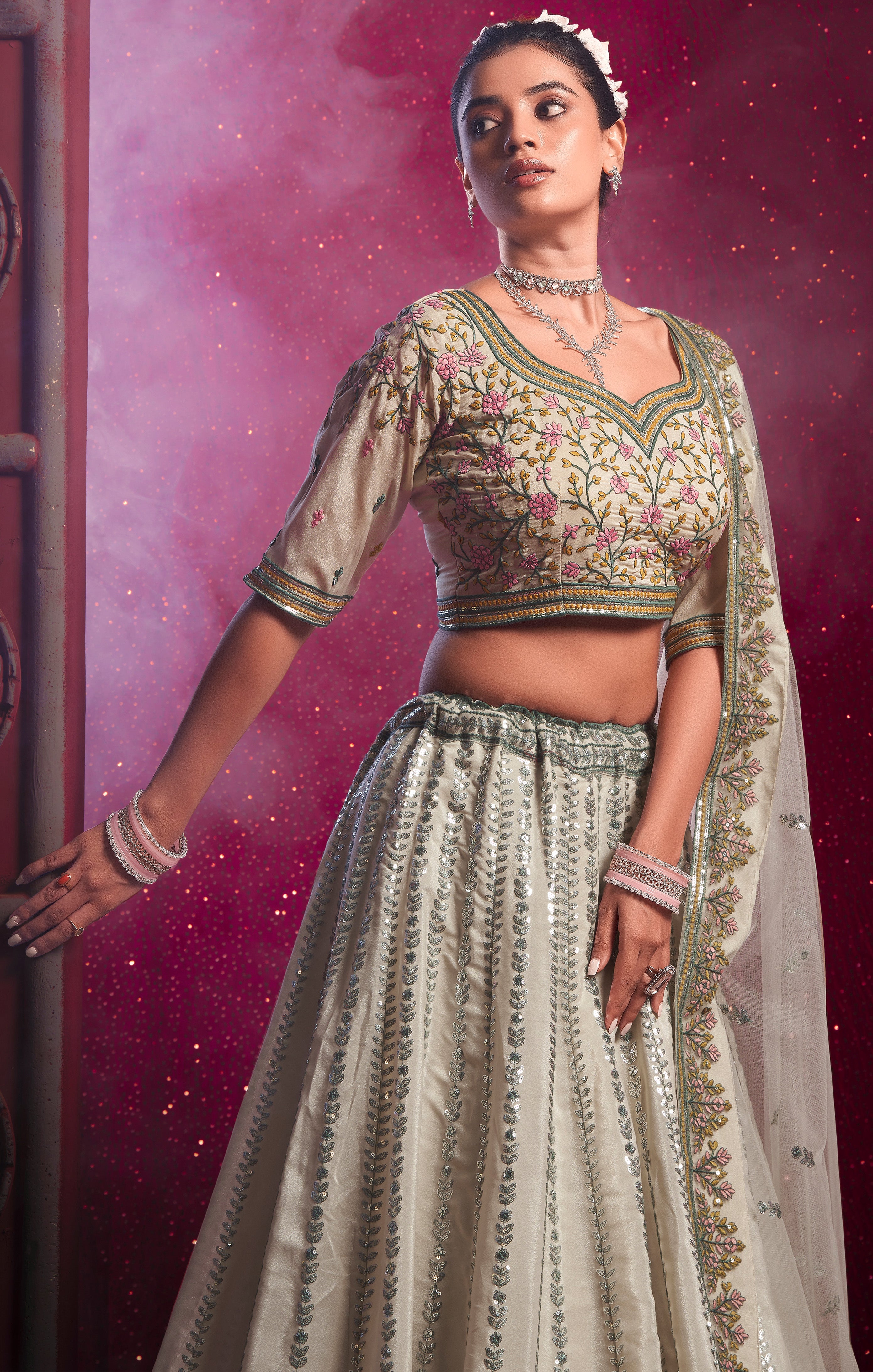 Designer exclusive white shaded lehenga on silk with Sequence & Thread Embroidery Work