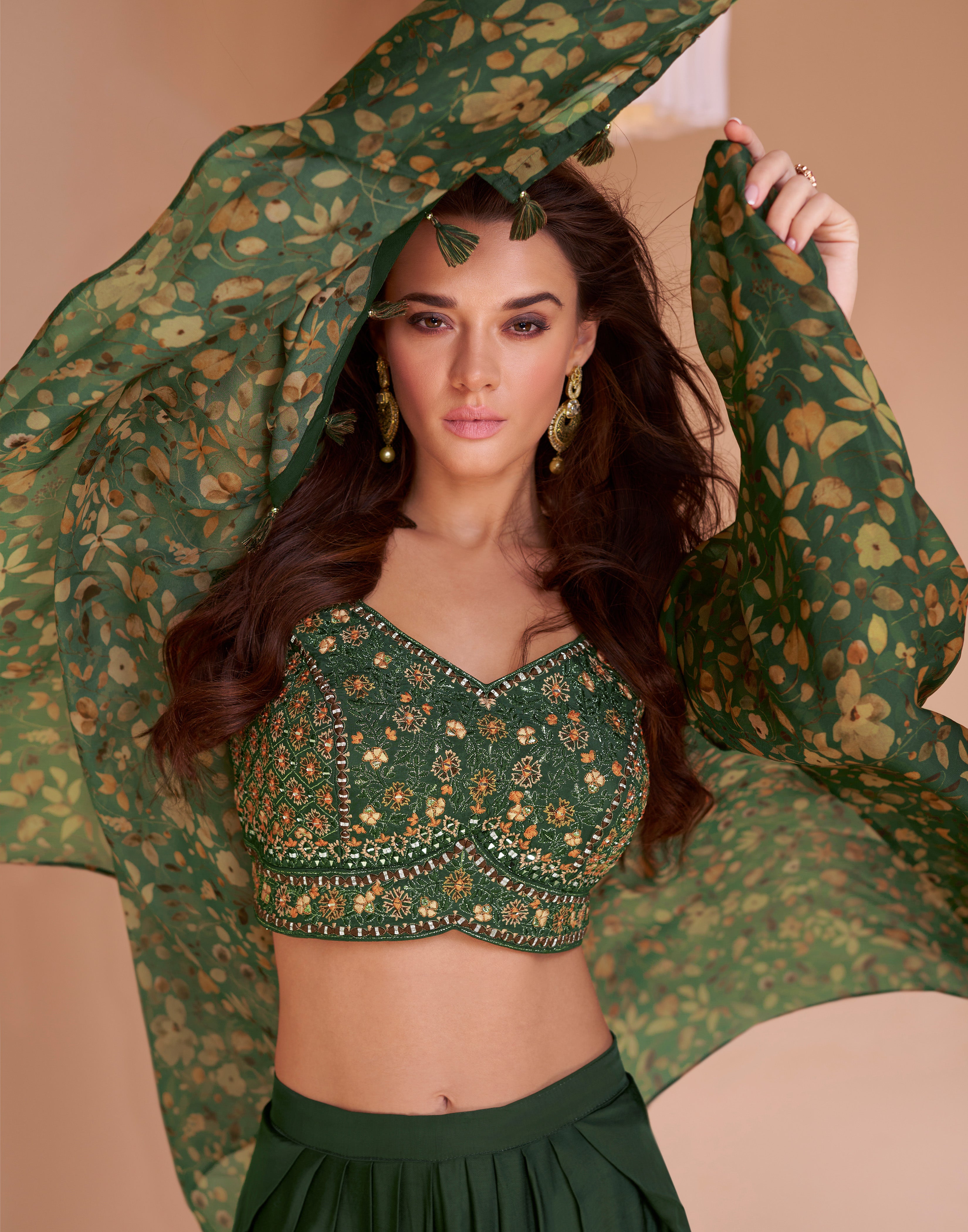 Exclusive handwork on viscose nylon Dhoti style Green dress with floral shrug | unique dress indian wear