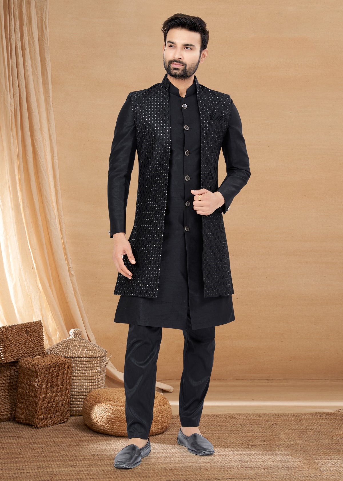 Exclusive Contrasting black Thread and Detailed Embroidery Work Indo Western, Sherwani | Indian Traditional Mens Wear.