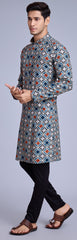 Blue Contrasting indian aspiring Printed rayon Mens kurta for wedding and other occasion comes with pajama