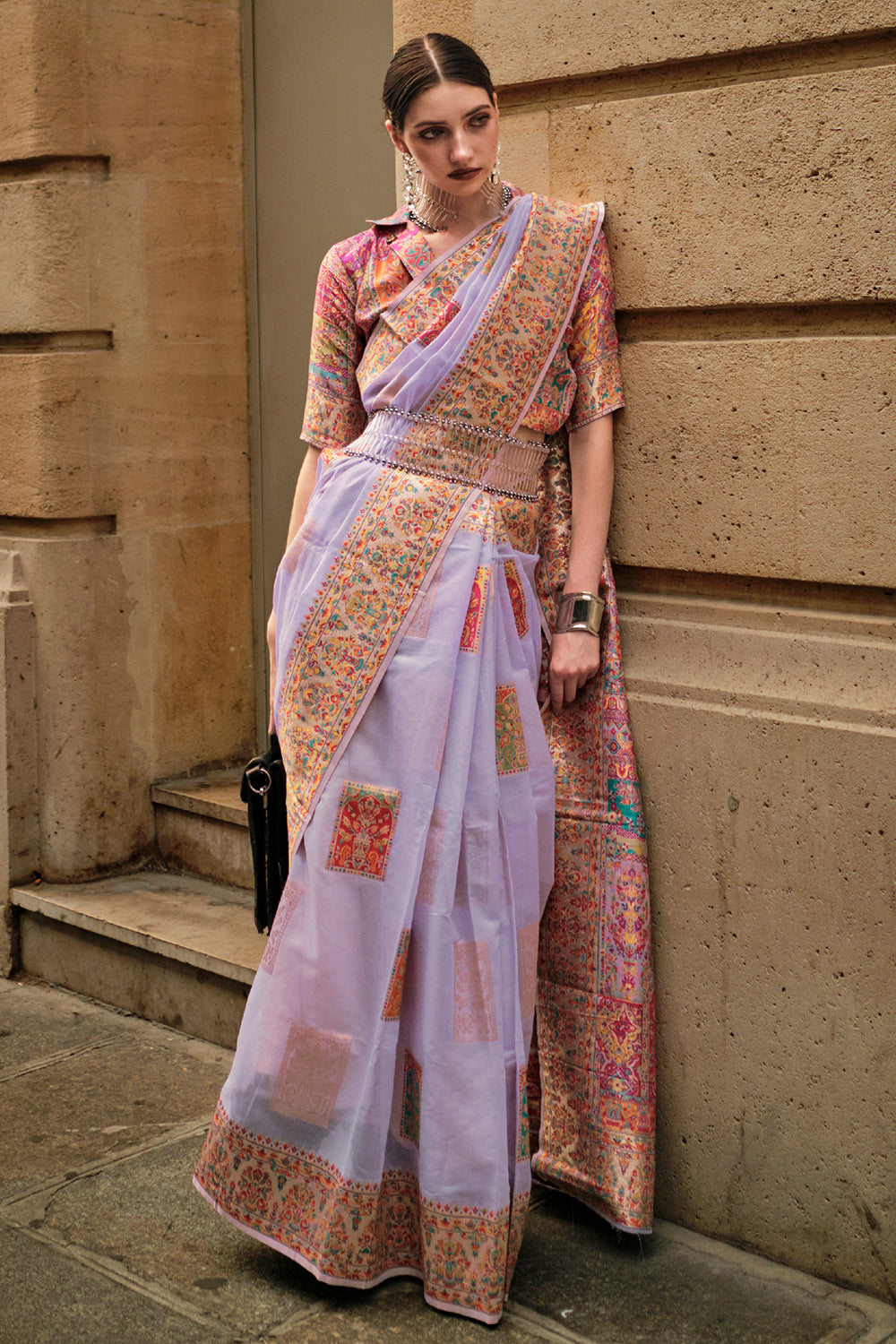 Exclusive contrasting Pastel Purple  kashmiri pallu handloom weaving saree on kashmiri modal fabric