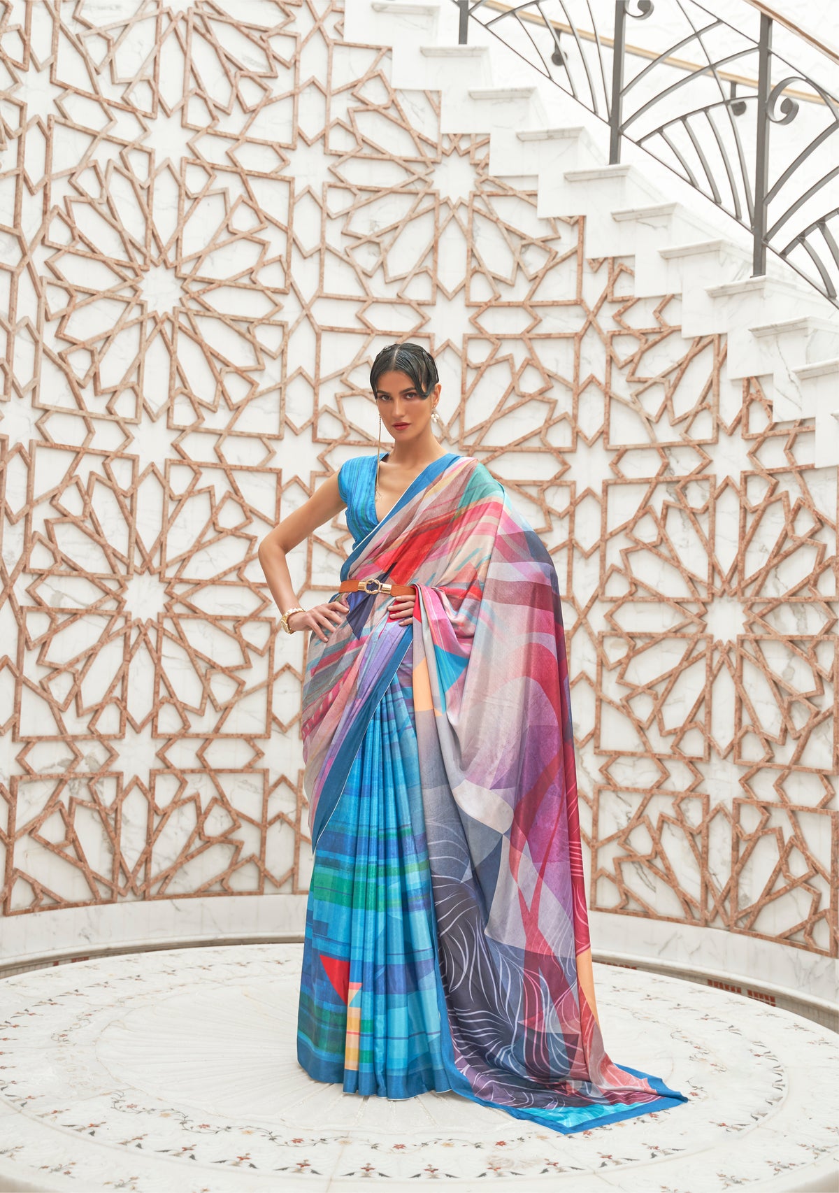 Light Blue Floral Inspired Digital Printed Kalamkari Saree On pure silk crape