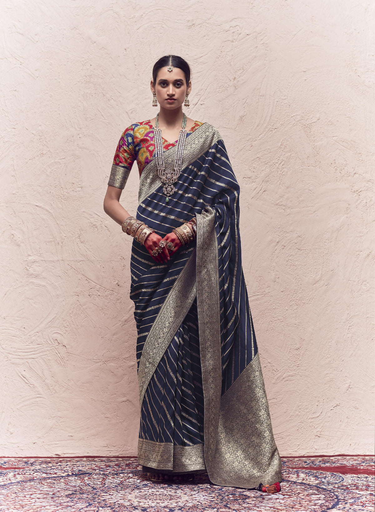 Contrasting Fancy Blouse Saree on Pure Crape Dola Silk Saree with Tussles on Pallu