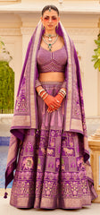 Exclusively for couple combo Purple designer outfit in pure pv silk and foil print with detailed hand mirror work