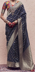 Contrasting Fancy Blouse Saree on Pure Crape Dola Silk Saree with Tussles on Pallu