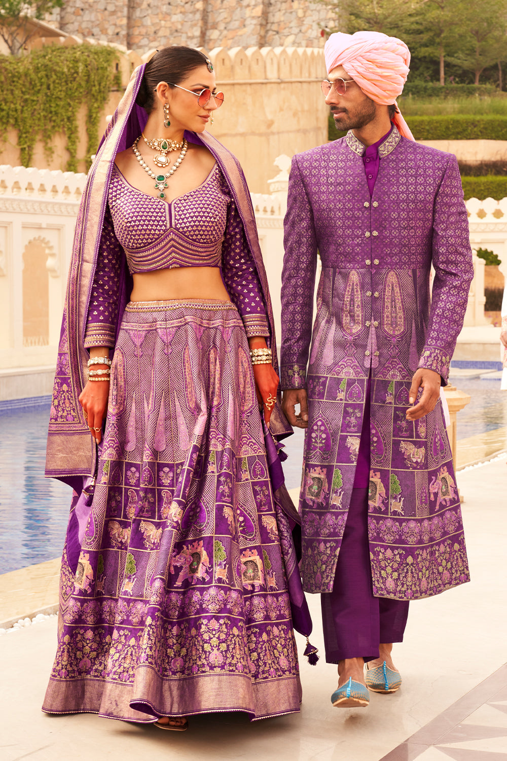 Exclusively for couple combo Purple designer outfit in pure pv silk and foil print with detailed hand mirror work