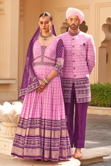 Exclusively for couple combo designer outfit in pure PV silk and foil print with detailed hand mirror work