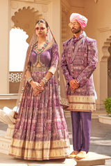 Exclusively for couple combo Purple designer outfit in pure pv silk and foil print with detailed hand mirror work