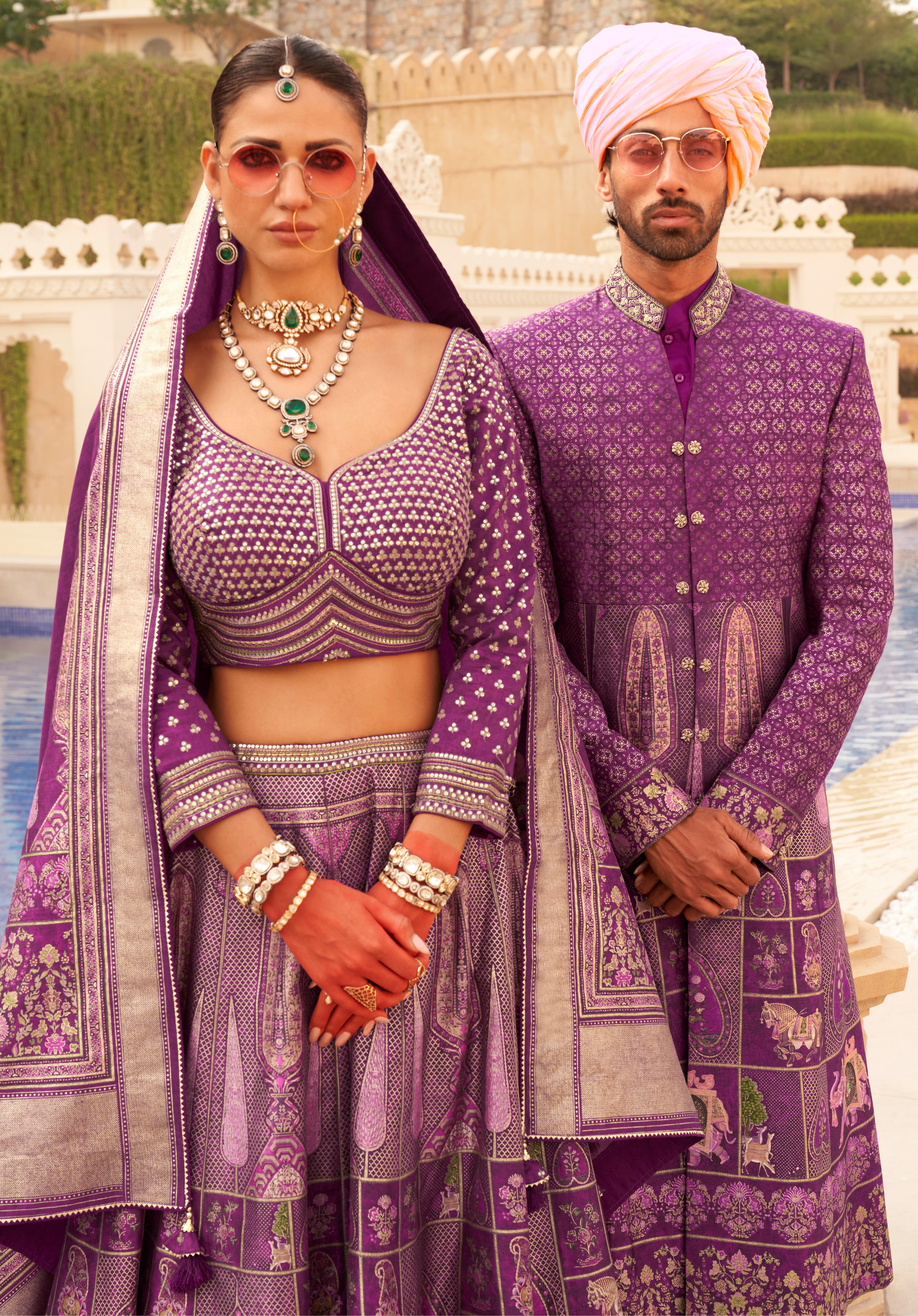 Exclusively for couple combo Purple designer outfit in pure pv silk and foil print with detailed hand mirror work