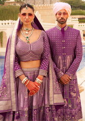 Exclusively for couple combo Purple designer outfit in pure pv silk and foil print with detailed hand mirror work