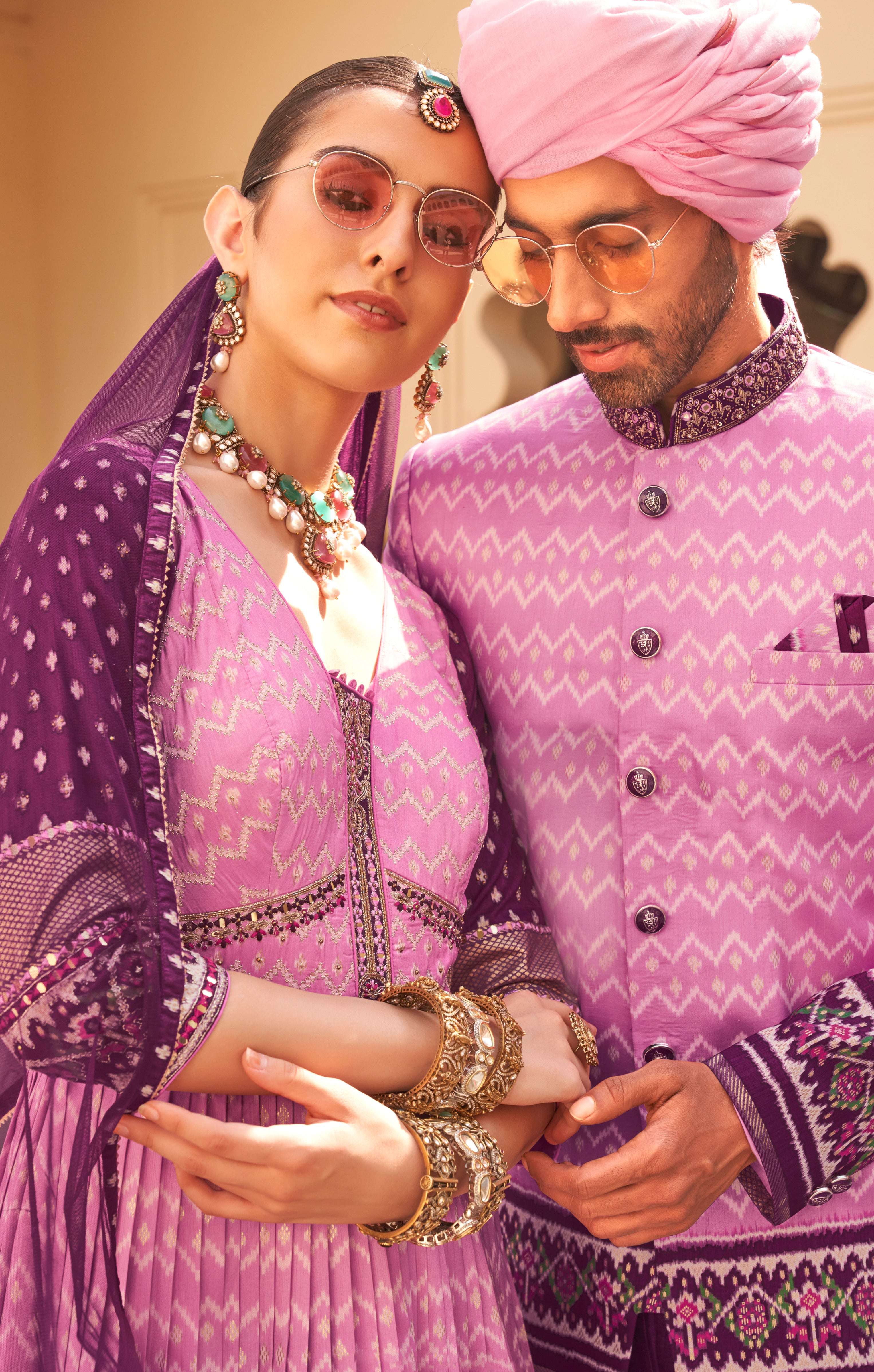 Exclusive latest purple designer mens indowestern sherwani kurta in pure pv silk and foil print  with handwork