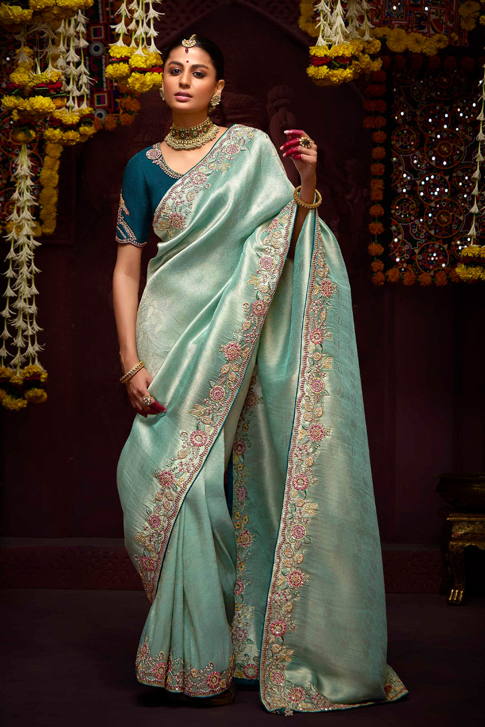 Light Blue Shaded Pure Banarasi Kanjivaram Fabric With Heavy Work Border Saree