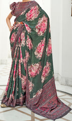 Dark Green Floral Inspired Digital Printed Kalamkari Saree On pure silk crape