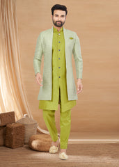 Exclusive Contrasting light green Thread and Detailed Embroidery Work Indo Western, Sherwani | Indian Traditional Mens Wear