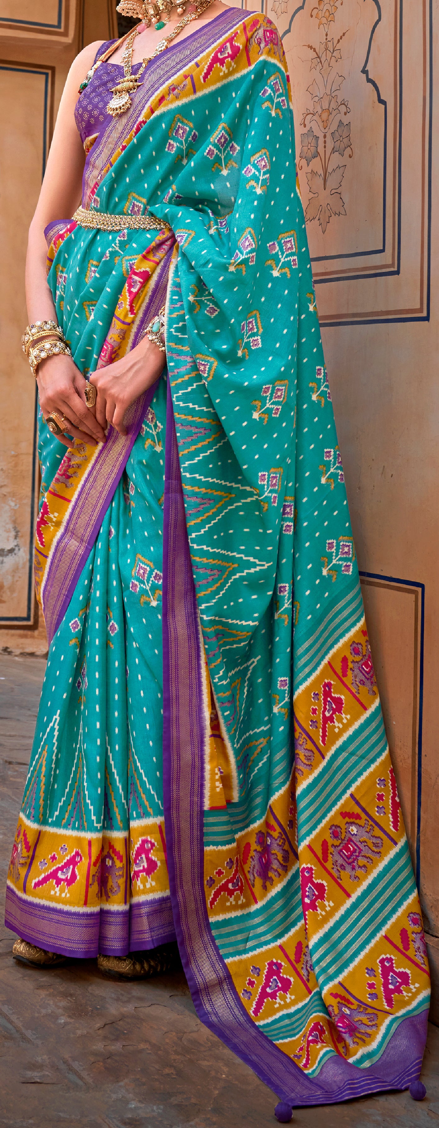 Contrasting Multi colour Patola Saree on silk With Elegant Gold Print | Contrasting saree | Patola Print Saree | Designer Saree