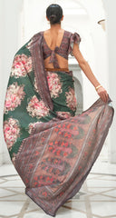 Dark Green Floral Inspired Digital Printed Kalamkari Saree On pure silk crape