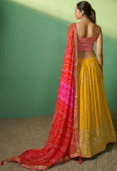 Designer Bandhani Print contrasting yellow pink georgette with sequence and embroidery lehenga | bollywood lehenga