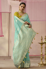 Light blue Dola Viscose Silk Saree Intricate Flower Pattern Weaving On All Over Saree