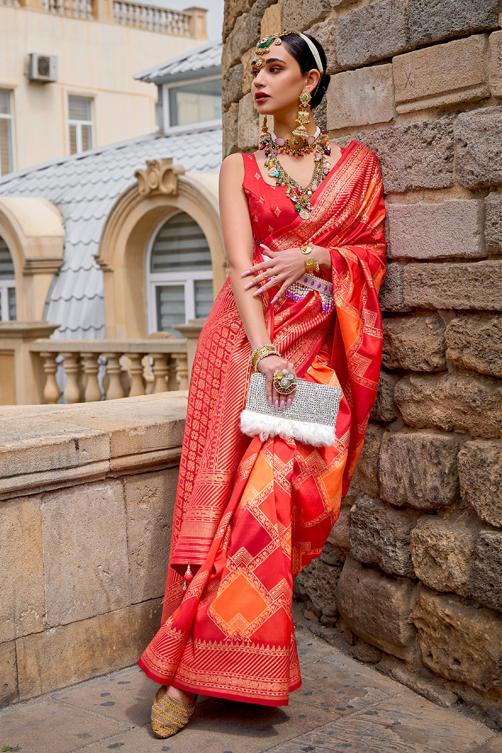 Orange shaded leheriya silk saree with aqua finish weaving saree | Silk Saree | Shaded leheriya style Saree